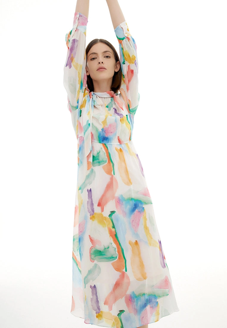 Watercolor Stroke Pussy Bow Collar Dress